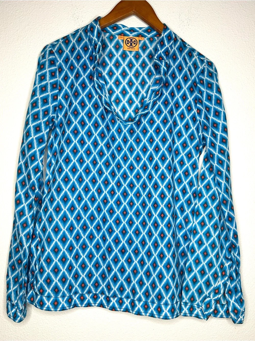 Tory Burch Blue Ikat Diamond Print Cotton Tunic Blouse 6 Long Sleeve Split neck